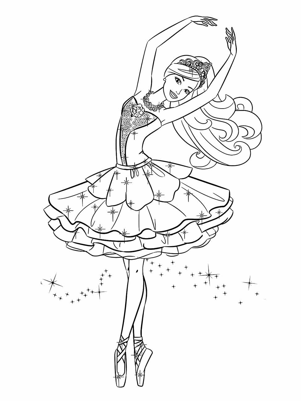 Bailarina com tiara e tutu estrelado em desenho para colorir.