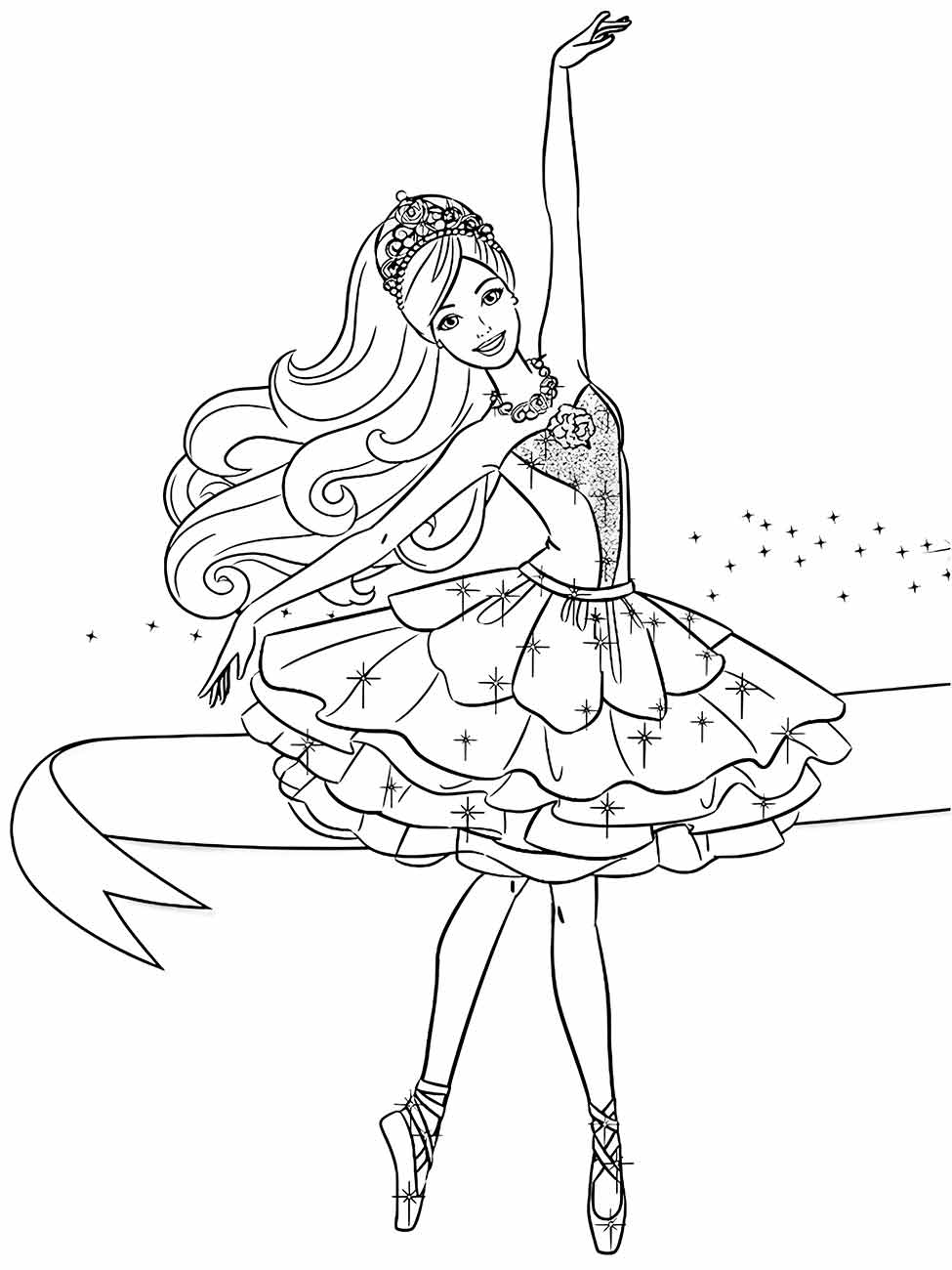 Desenho para colorir de Barbie bailarina com tutu e braço levantado.