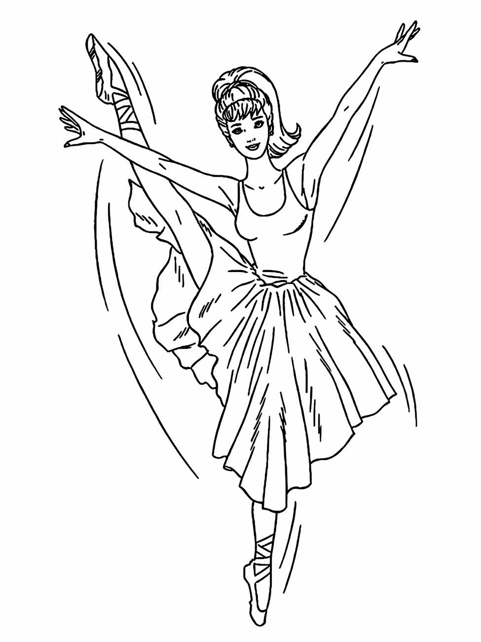 Desenho de bailarina com coque e maillot para colorir em pose de dança.