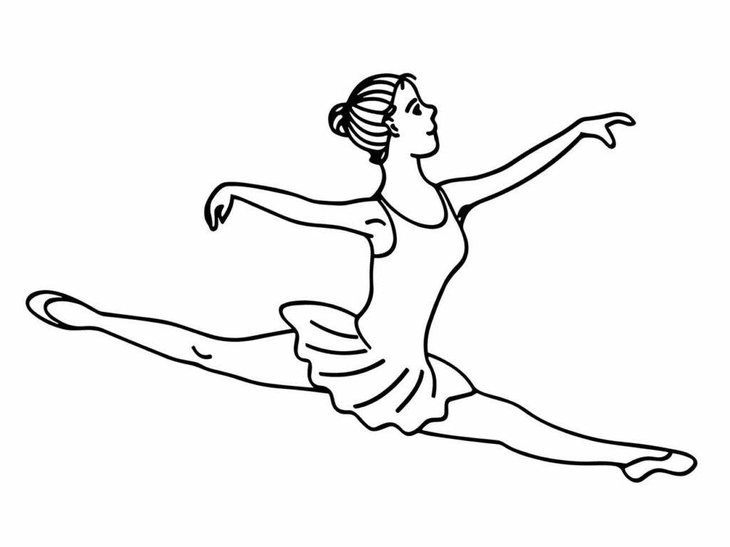 Desenho de bailarina para colorir, com um leve salto e um coque elegante.