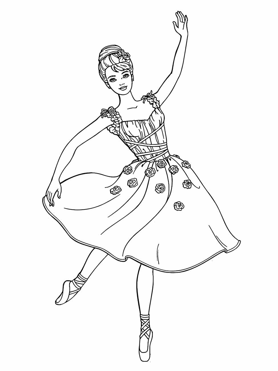 Desenho de uma bailarina com vestido rodado e rosas para colorir.