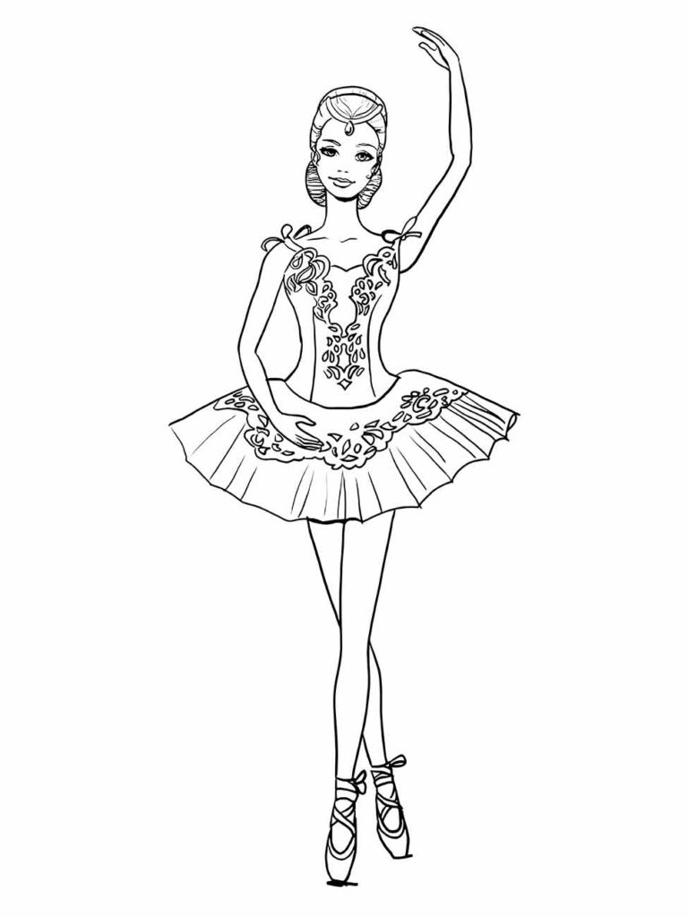 Desenho para colorir de bailarina com tutu detalhado e braço elevado.