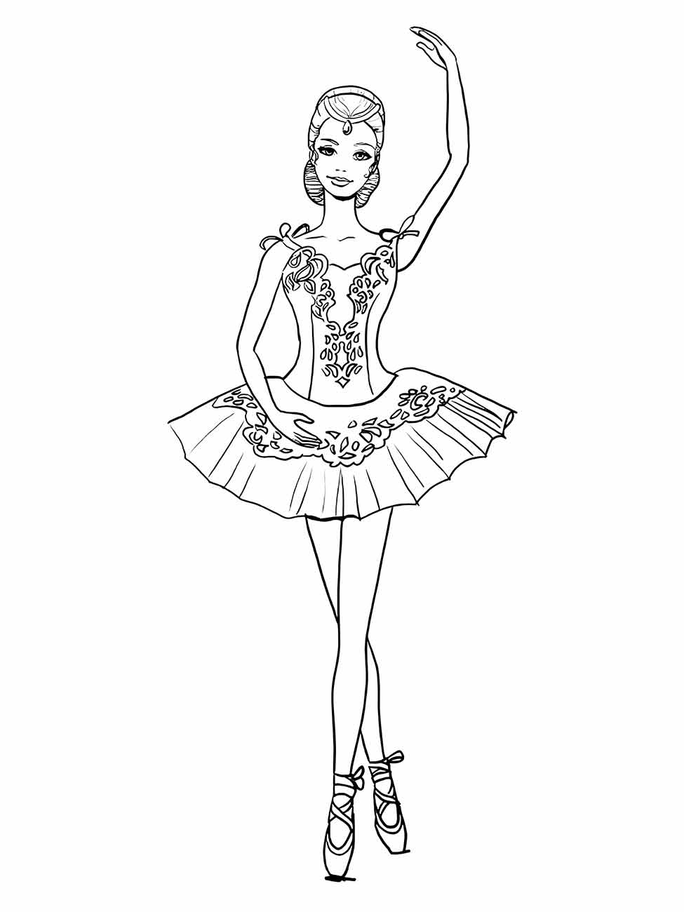 Desenho para colorir de bailarina com tutu detalhado e braço elevado.