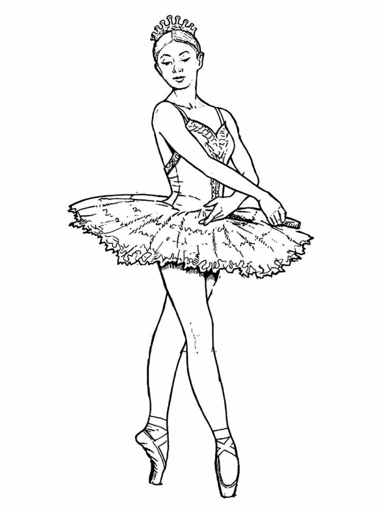 Desenho de bailarina para colorir com tutu franzido e tiara.