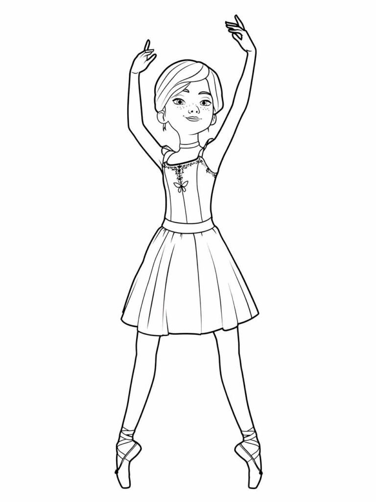 Bailarina jovem com saia plissada em desenho para colorir.