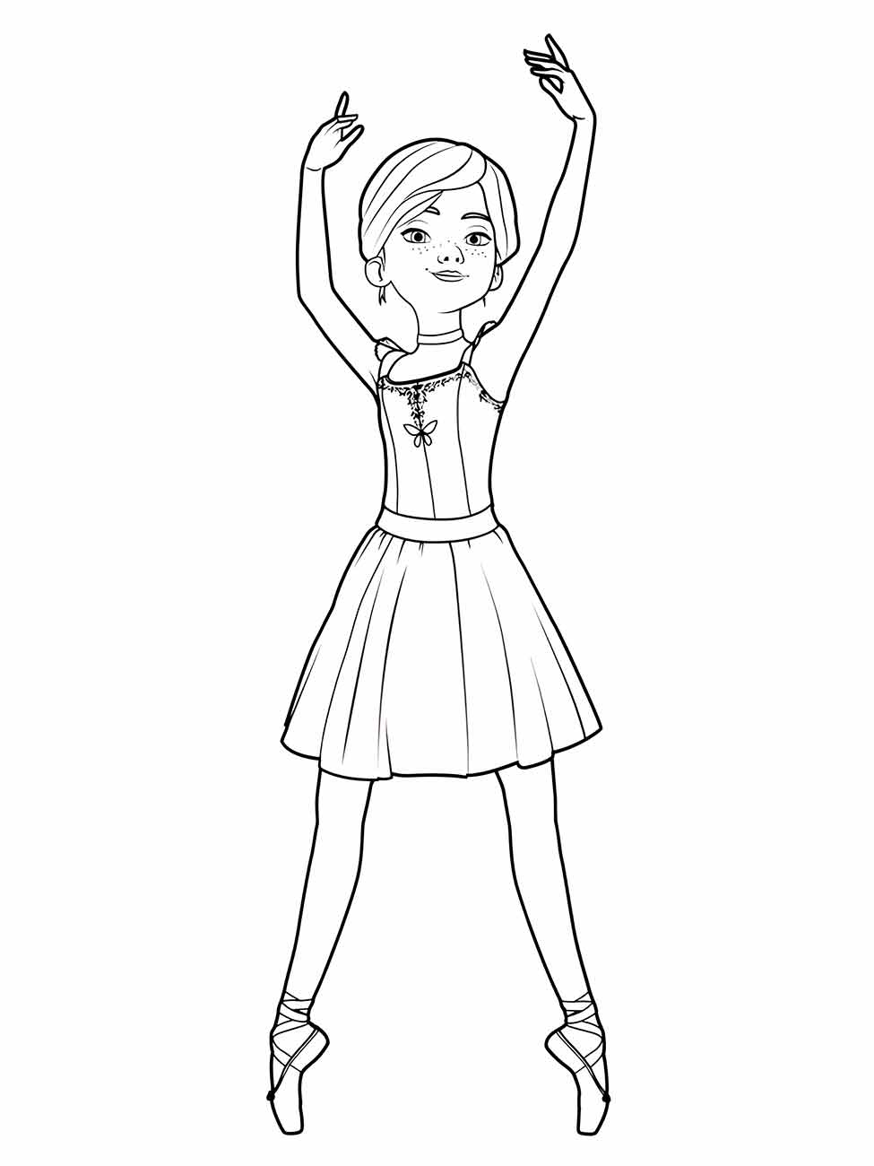 Bailarina jovem com saia plissada em desenho para colorir.