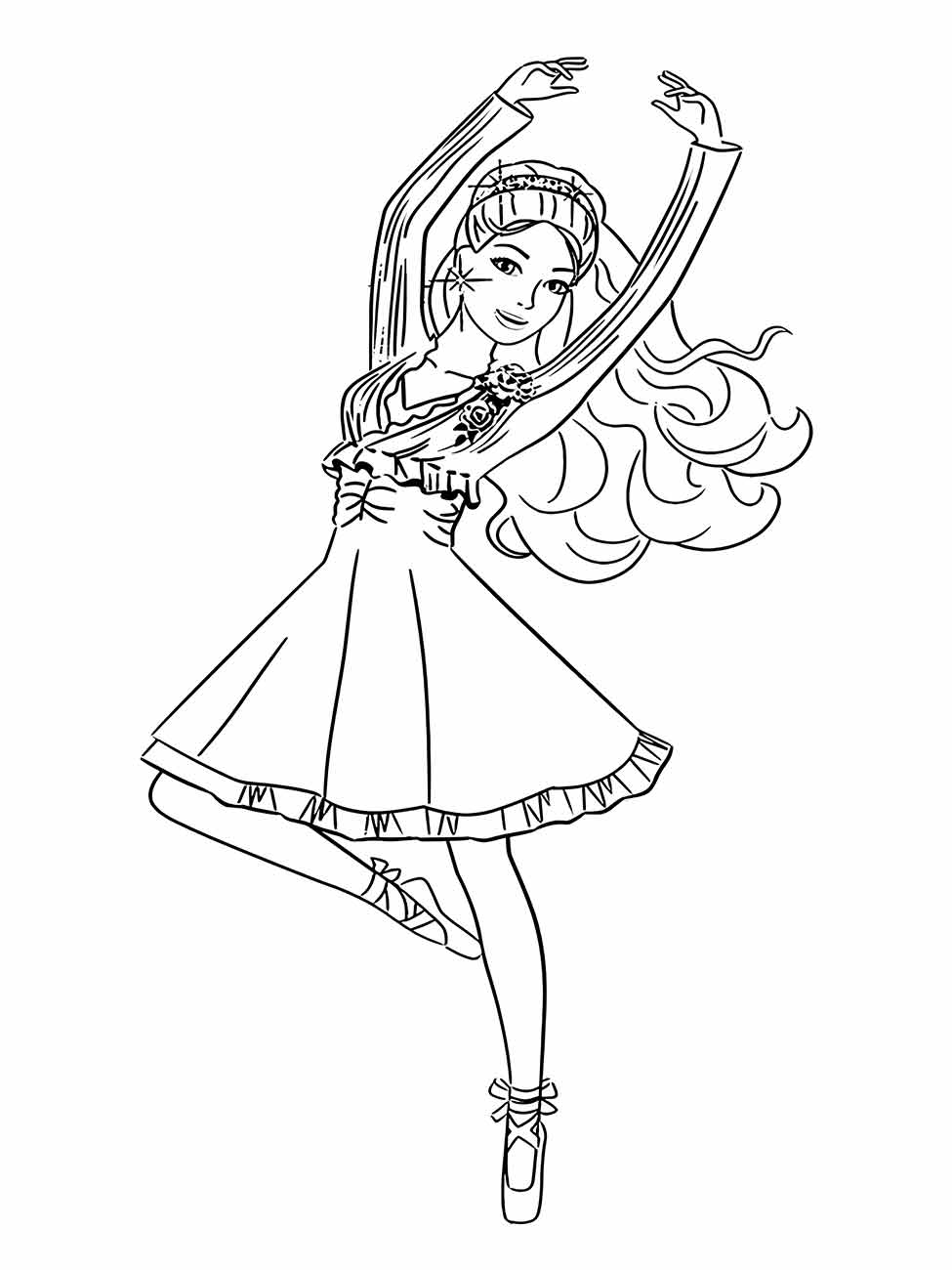 Desenho de bailarina com cabelo longo e saia de pregas para colorir.