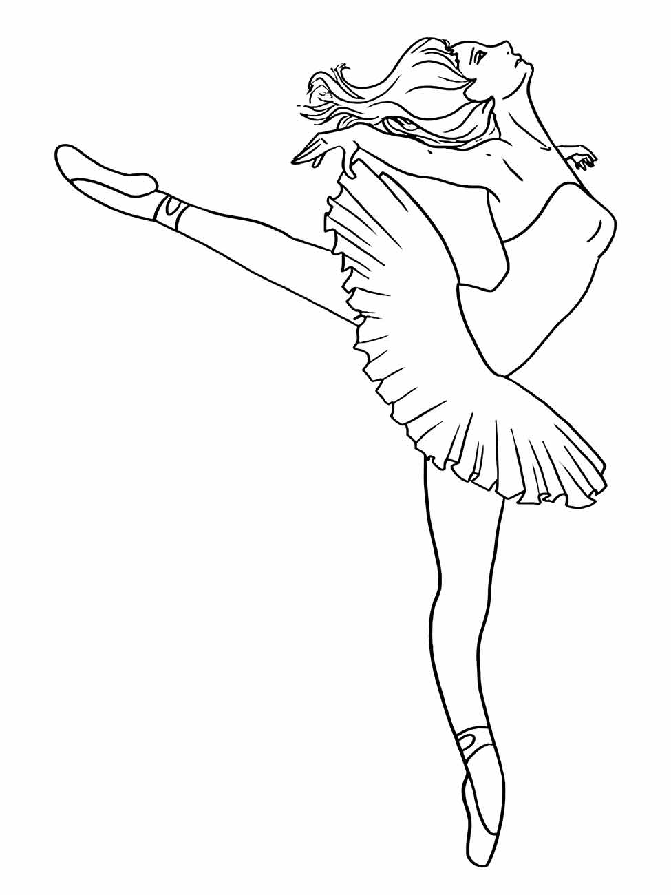 Desenho para colorir de bailarina em pose com perna esticada e saia franzida.