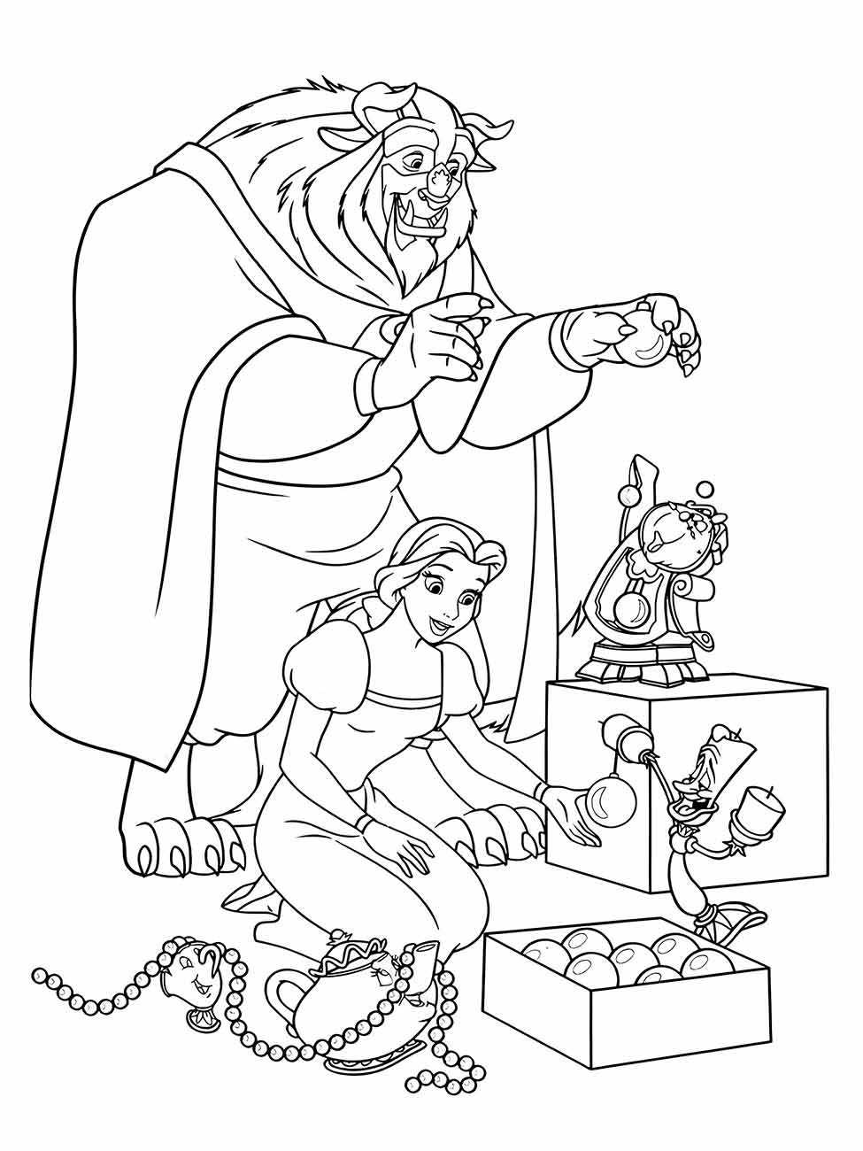 Desenho para colorir da Bela e a Fera, com ela olhando joias e personagens animados interagindo.