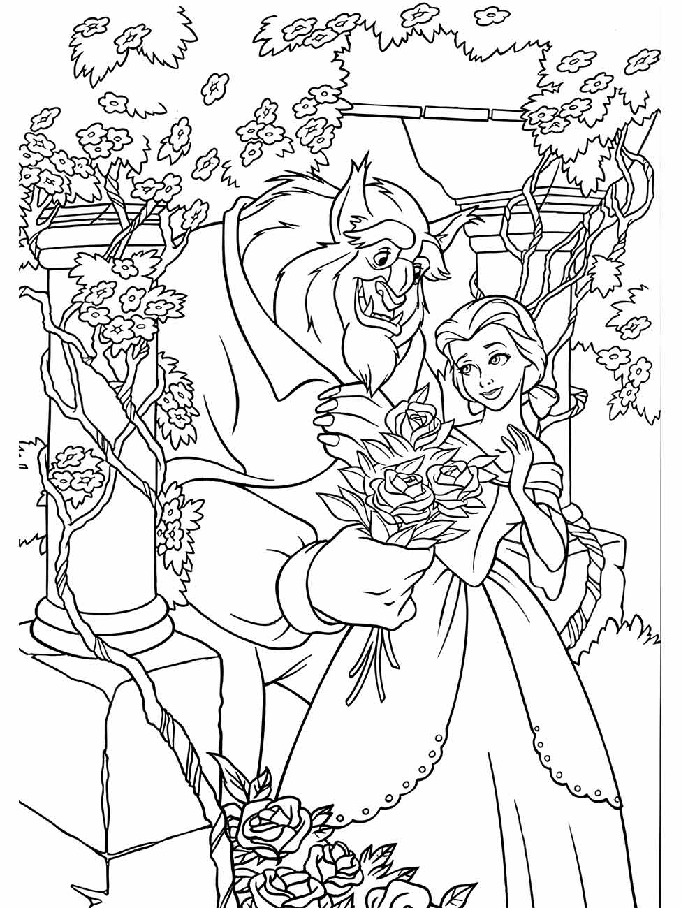 Desenho para colorir com Bela e a Fera junto a um caramanchão de rosas, criando um cenário romântico.