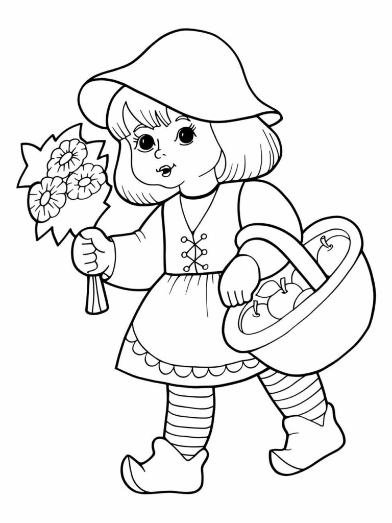 Imagem da Chapeuzinho Vermelho para colorir, segurando flores e cesta de frutas.