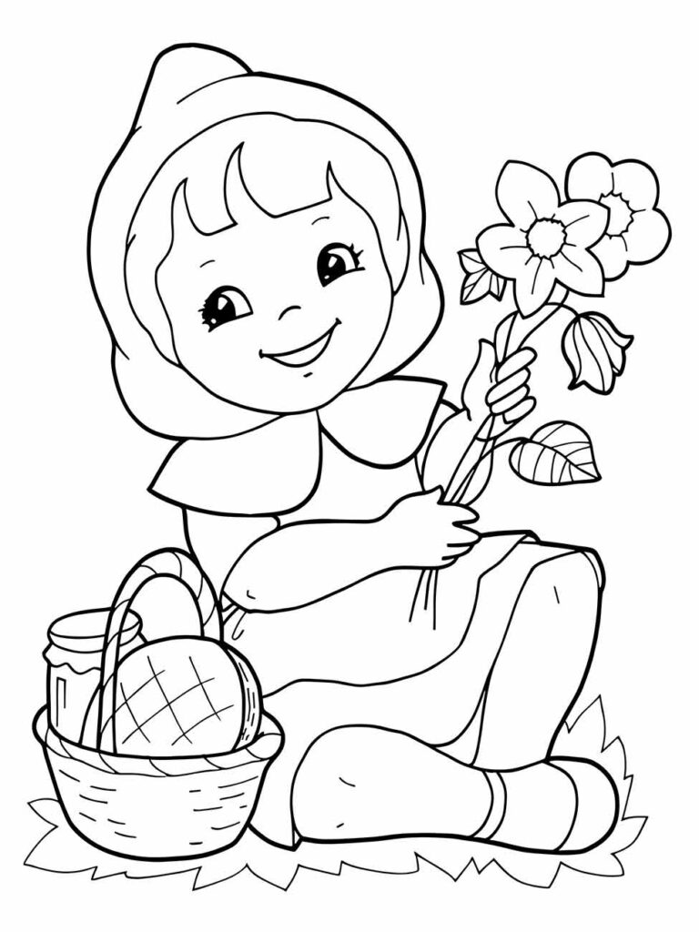 Desenhos de Chapeuzinho Vermelho para colorir, com ela sentada ao lado de uma cesta e segurando flores.