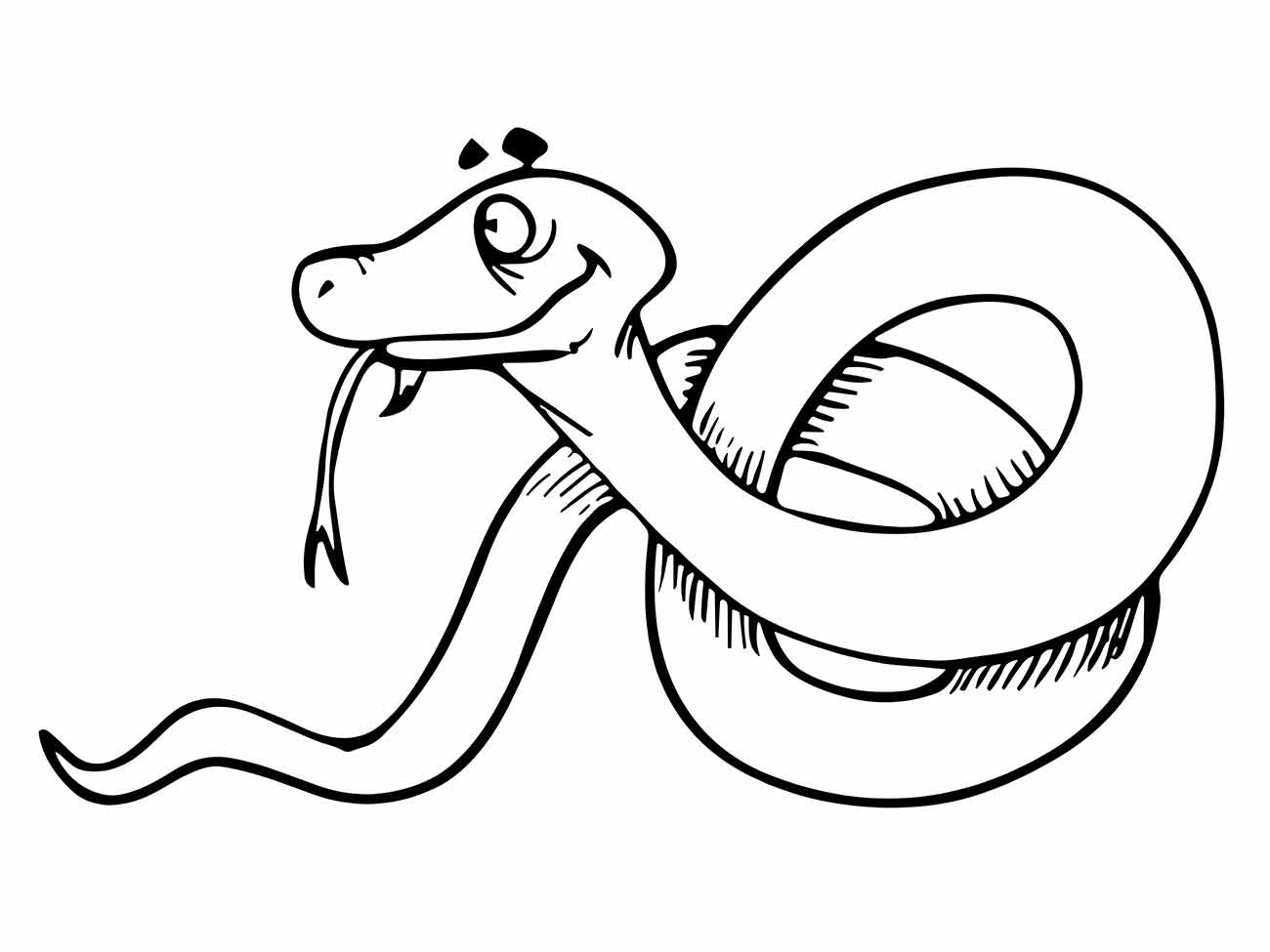 Desenho para colorir de cobra com expressão amigável e língua para fora.