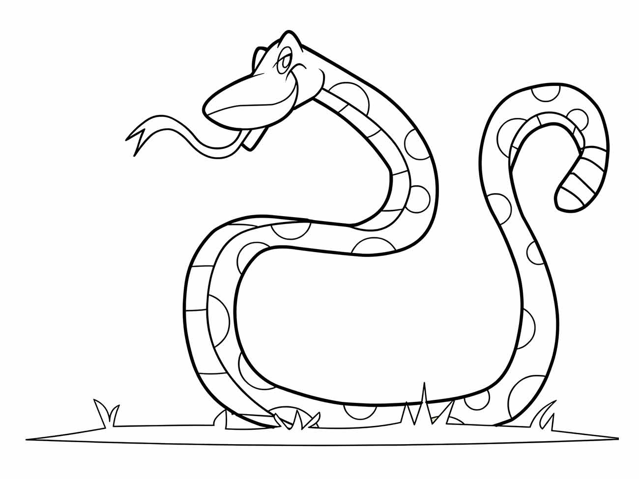 Desenho de cobra para colorir posicionada em grama, com padrão de círculos.