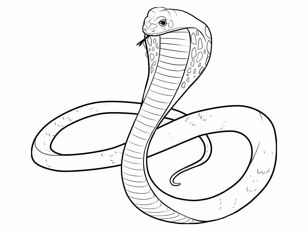 Desenho para colorir de cobra naja com capuz aberto e textura detalhada.