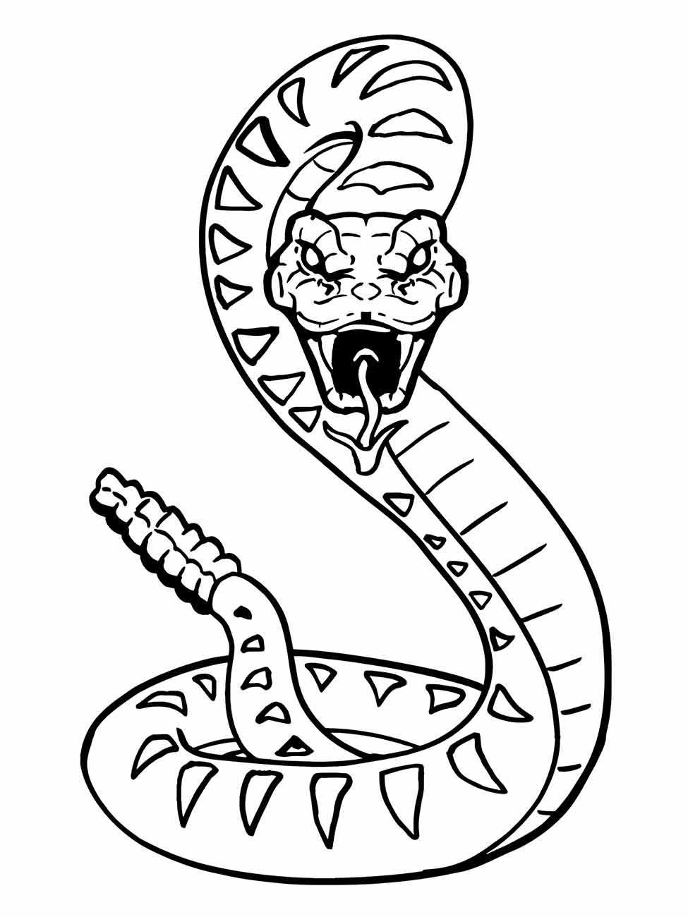 Desenho para colorir de cobra com boca aberta e padrão triangular