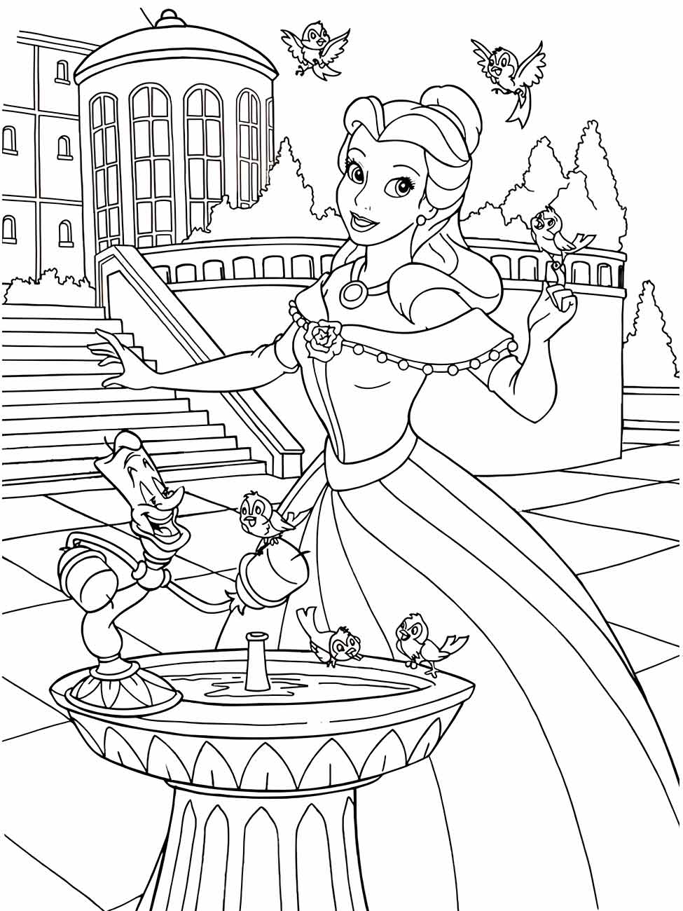 desenho para colorir de Bela em um terraço com personagens animados , cercada por pássaros.