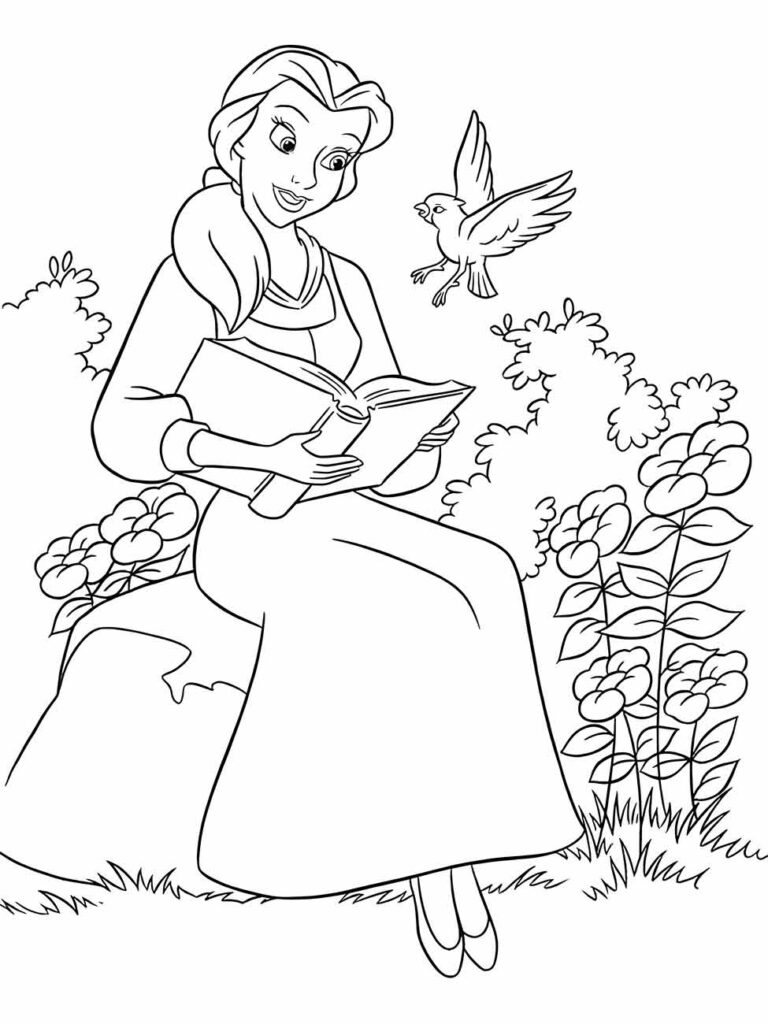 Imagem para colorir de Bela lendo um livro ao ar livre, com um pássaro pousando próximo.