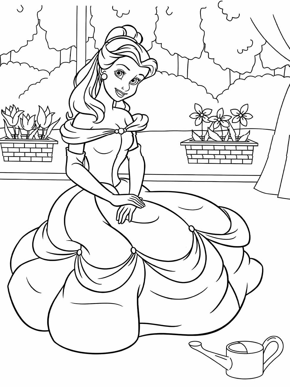 Desenho para colorir de Bela sentada em um vestido elegante com uma xícara de chá, tendo um momento de relaxamento.