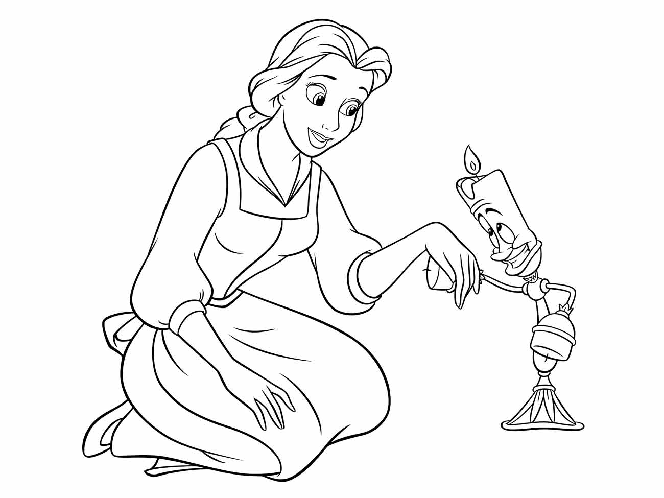 Desenho para colorir de Bela ajoelhada conversando com Lumière.