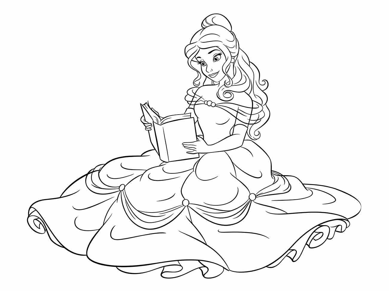 Desenho para colorir de Bela sentada lendo um livro aberto.