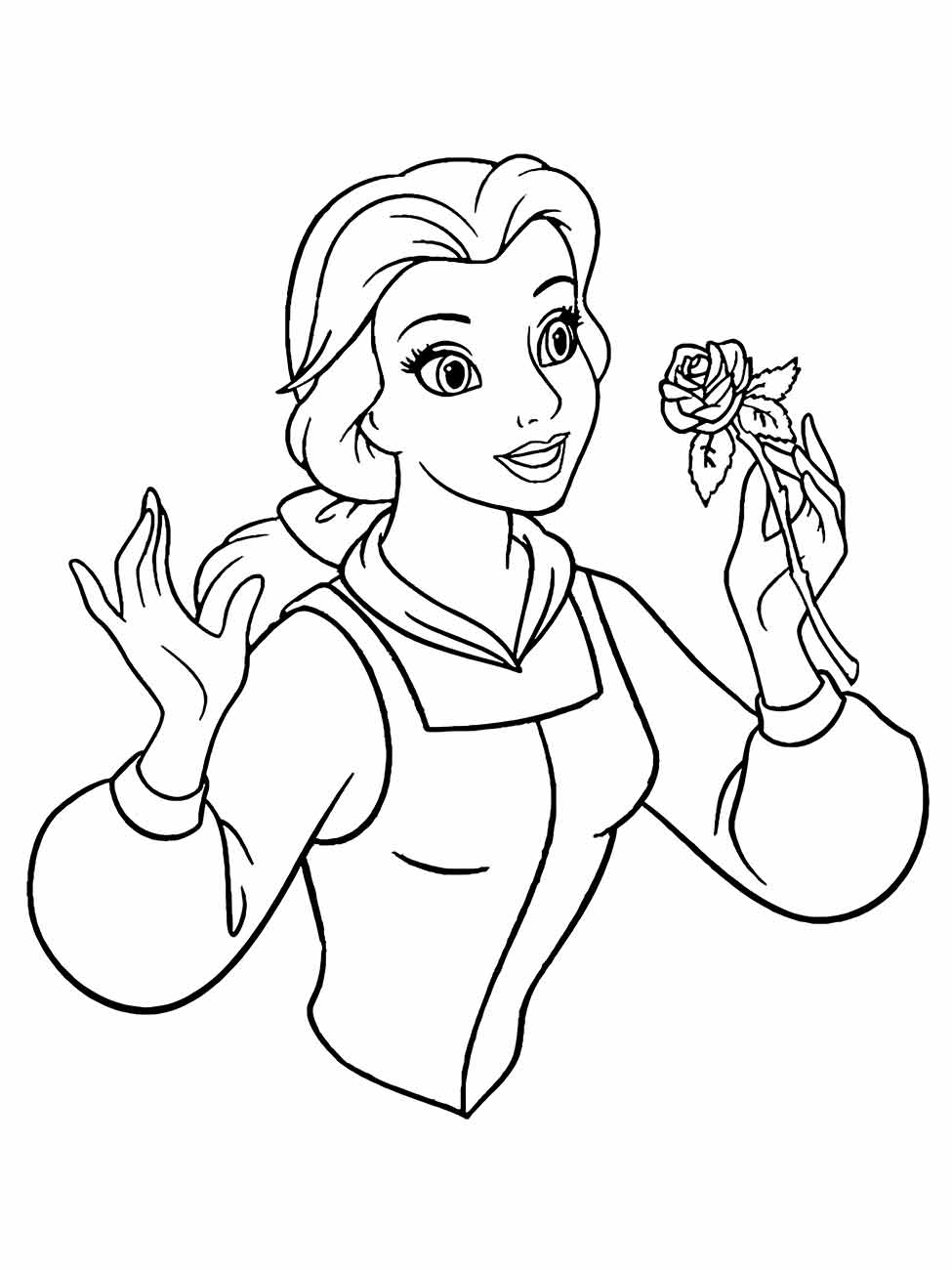 Desenho para colorir da princesa Bela admirando uma rosa.