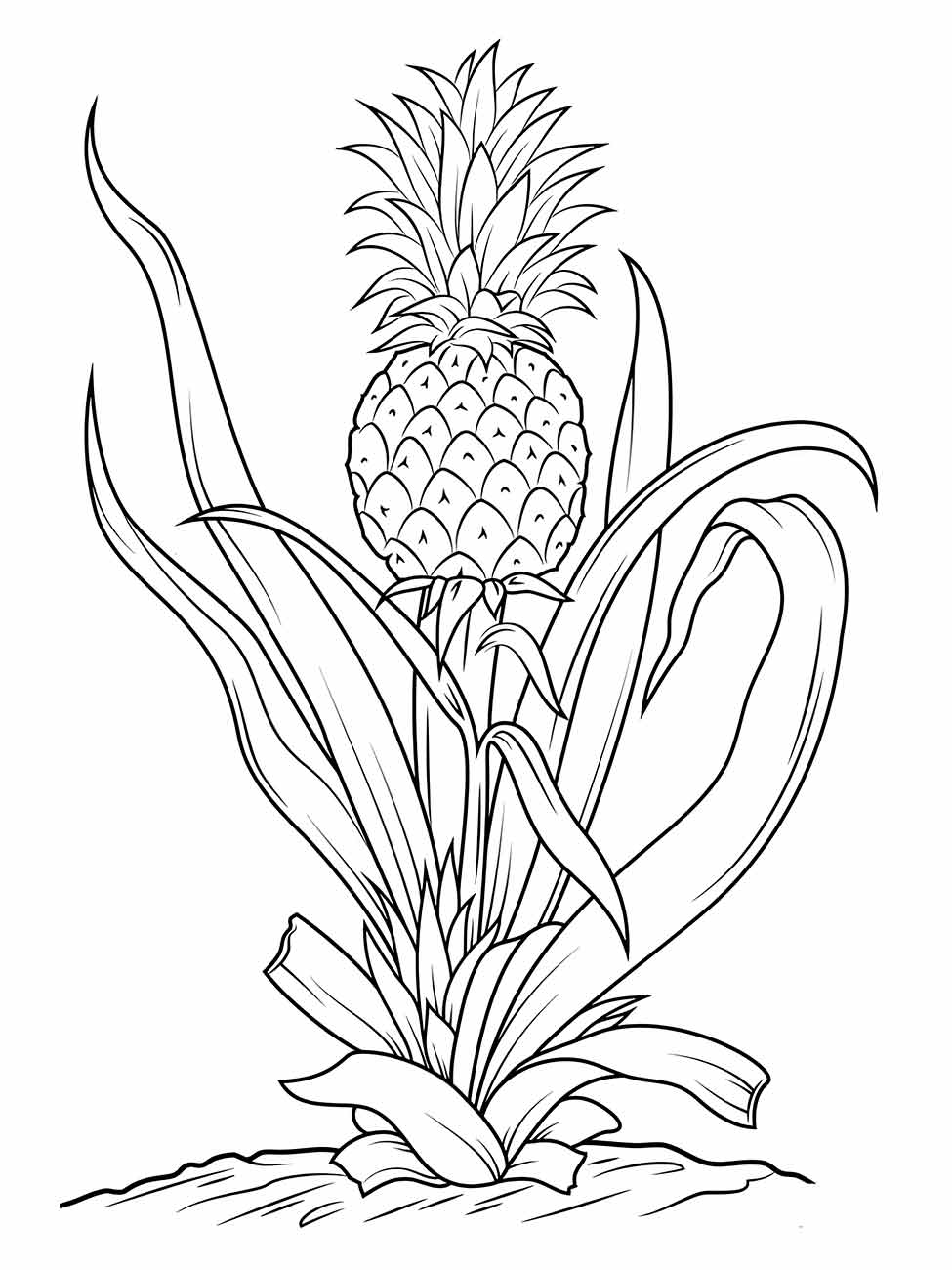 Desenho de um abacaxi para colorir, destacado no meio de folhas tropicais, ótimo para atividades educativas.