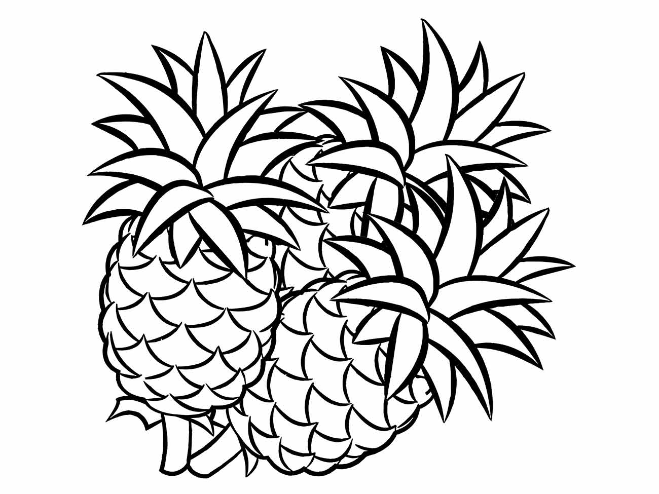 Desenho de abacaxis para colorir apresentando três frutas juntas, ótimo para atividades em grupo.