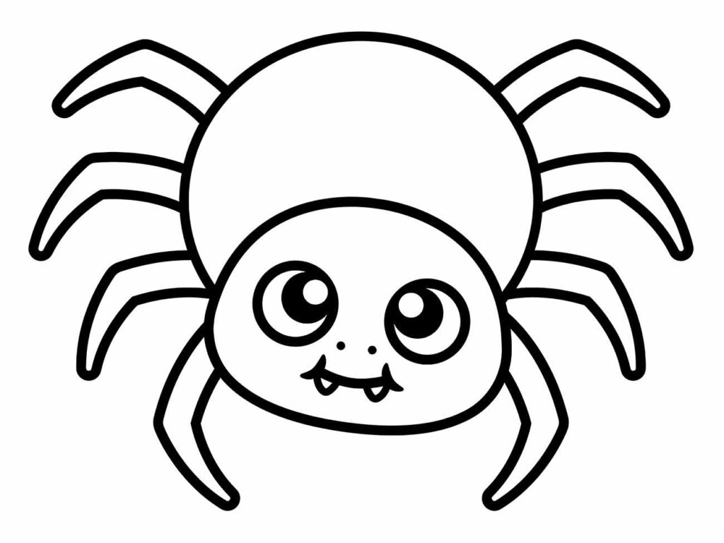 Desenho para colorir de aranha com uma expressão amigável e estilo simples.