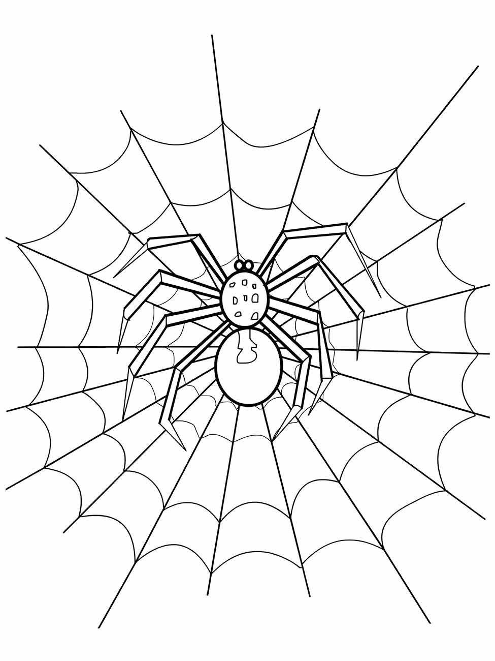 Desenho de aranha para colorir centrada em uma teia geométrica detalhada.