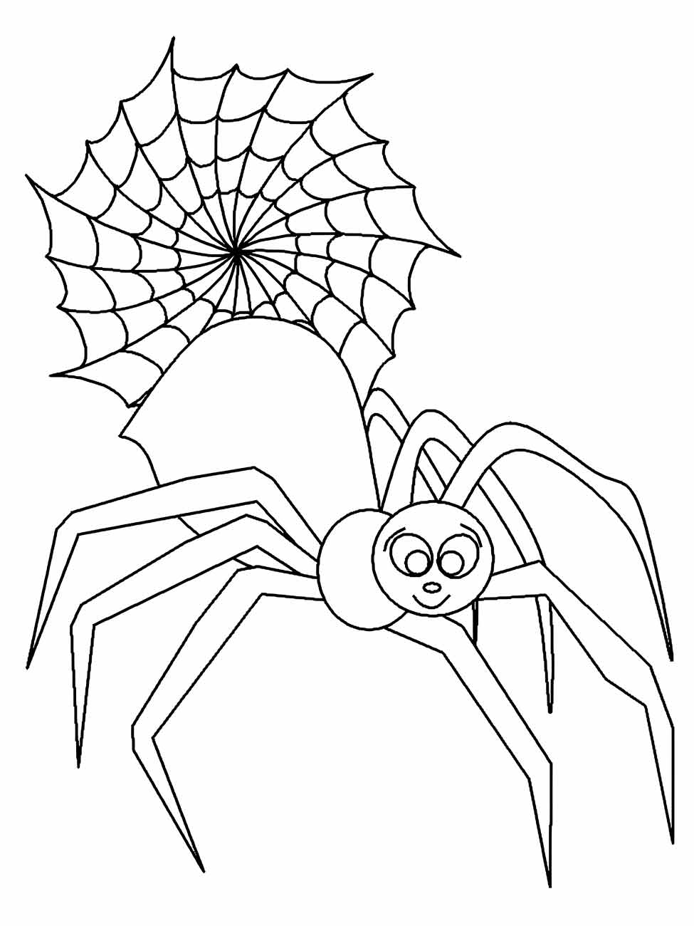 Aranha para colorir na educação infantil com uma teia radial e uma aranha sorridente.