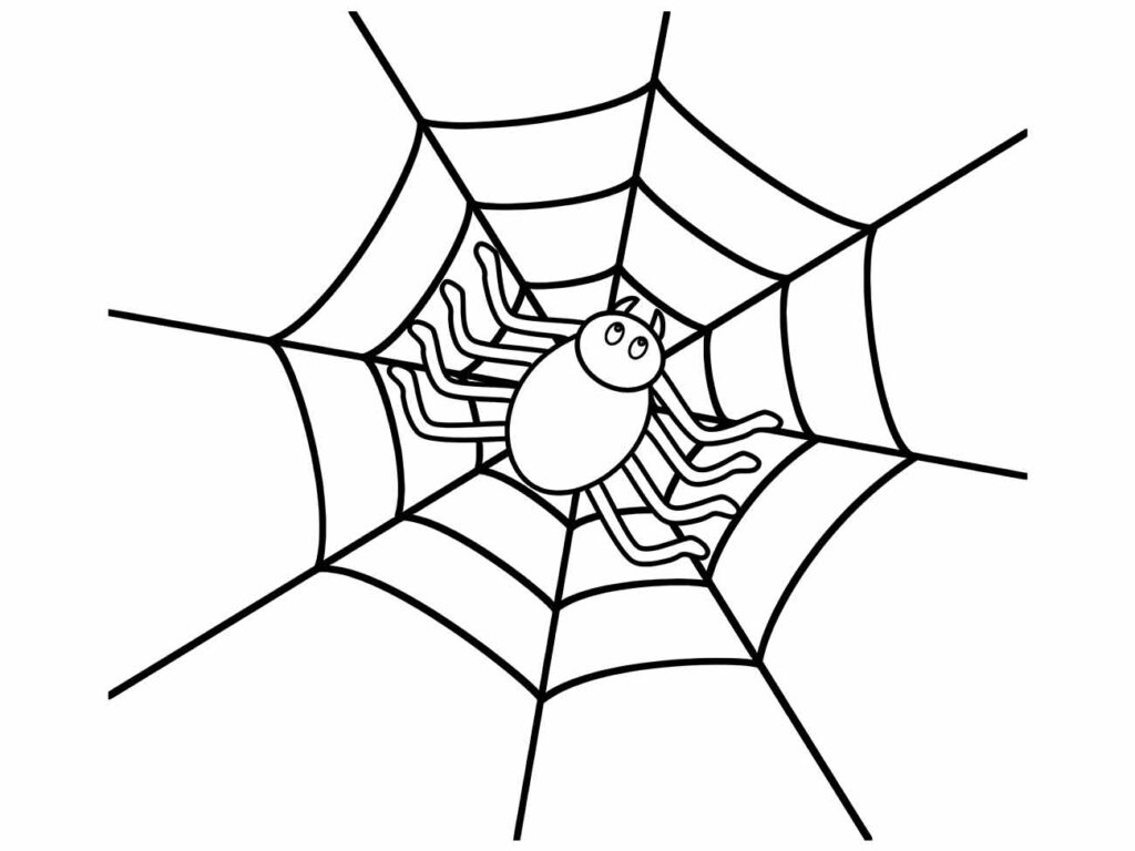 Desenho para colorir de aranha no centro de uma teia geométrica simples.