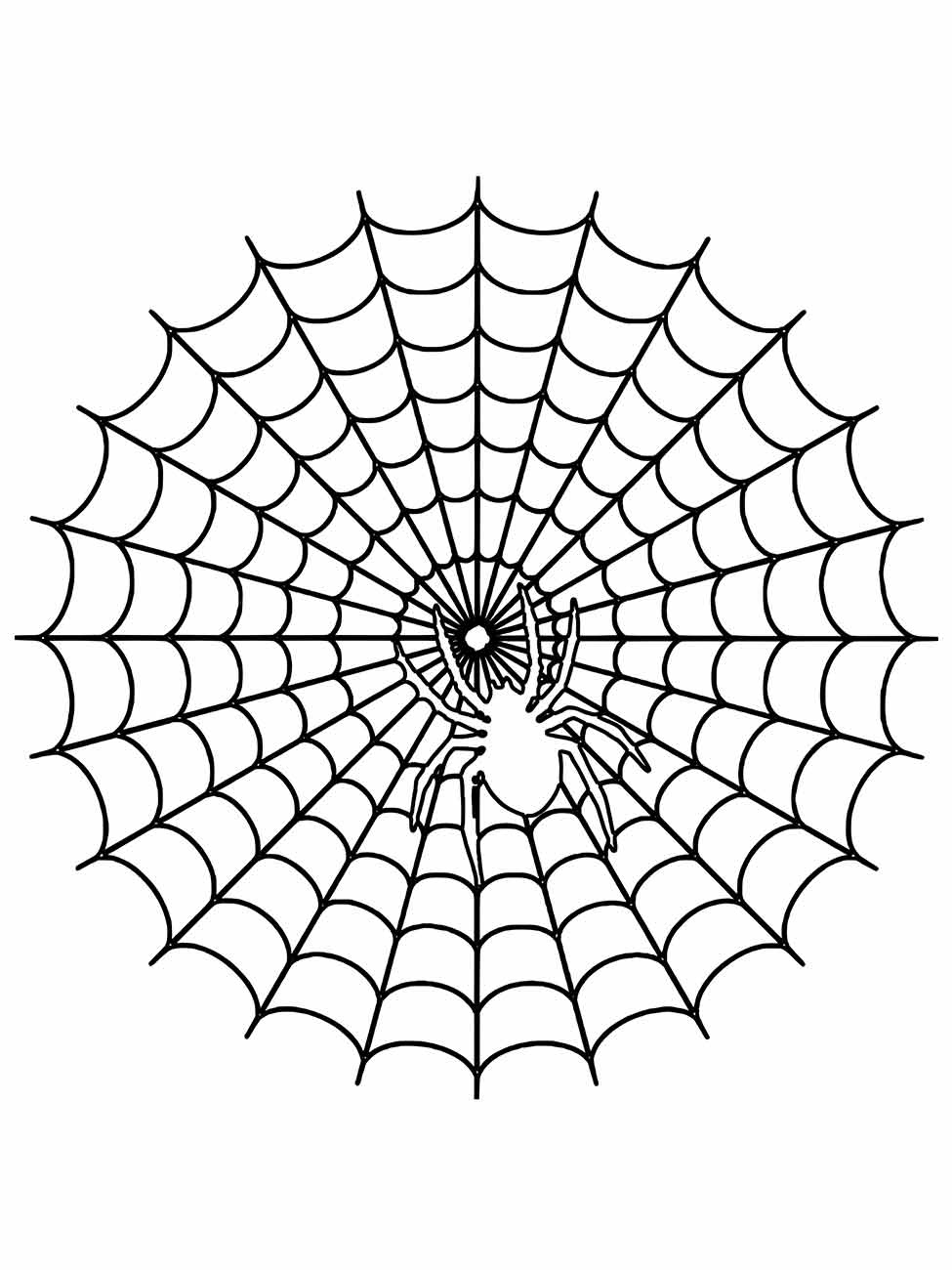 Aranha para colorir e imprimir, posicionada em uma teia intrincada com perspectiva.