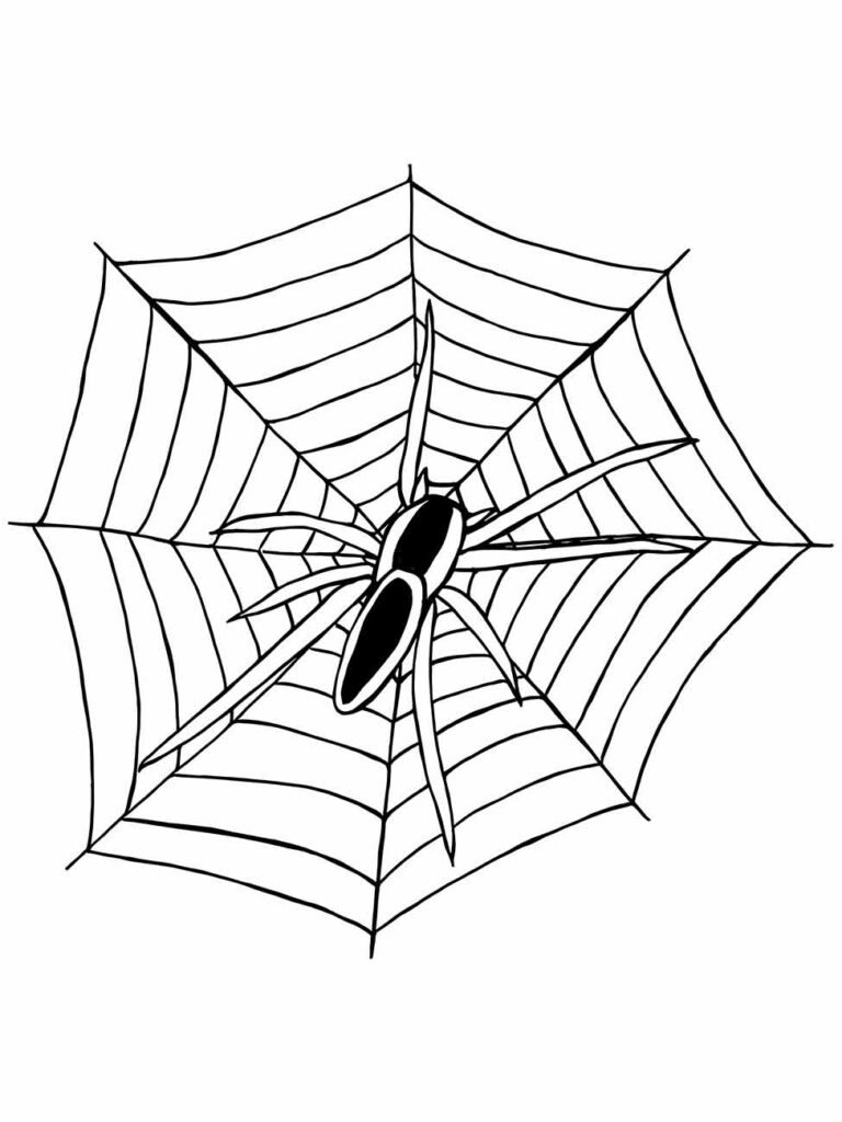 Desenho para colorir de aranha no centro de uma teia geométrica.