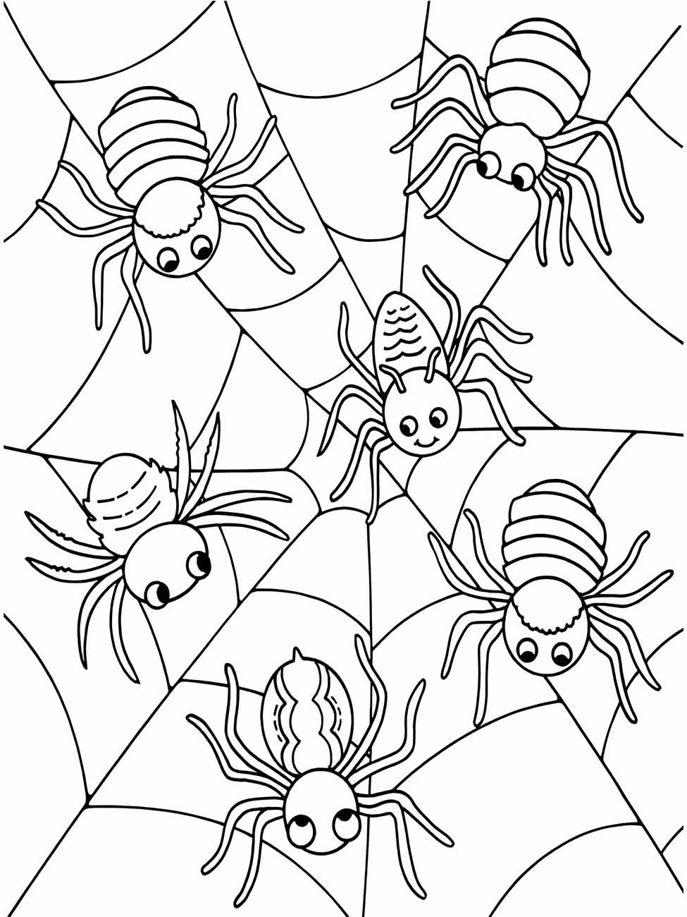 Desenhos de aranhas para colorir, com várias na teia, ótimo para atividades em grupo.