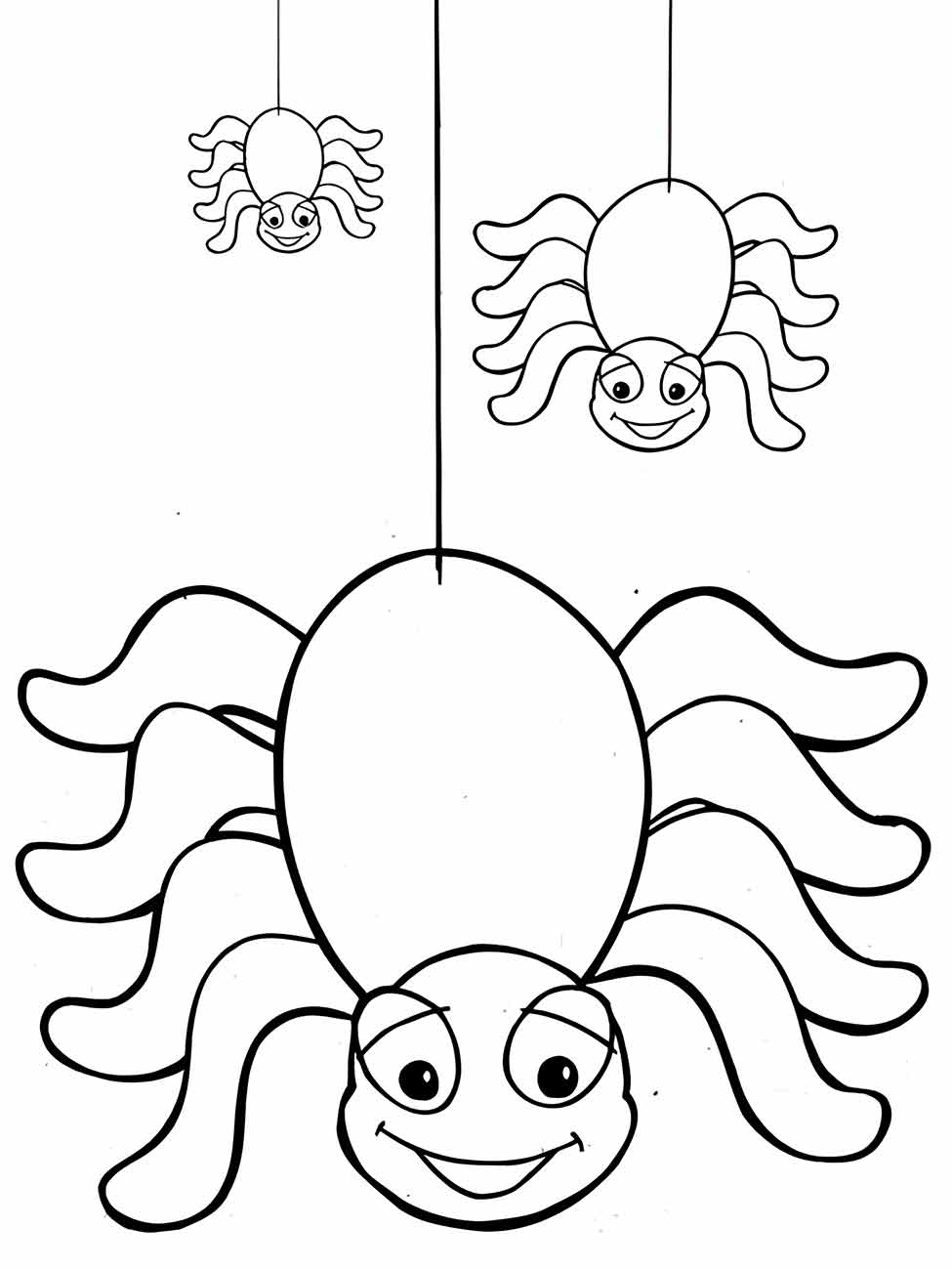 desenho para colorir de 3 aranhas pendurada na teia, com expressão divertida, para crianças.