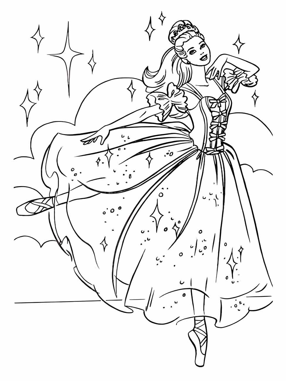 Desenho para colorir de bailarina majestosa com vestido estrelado e pose dramática.