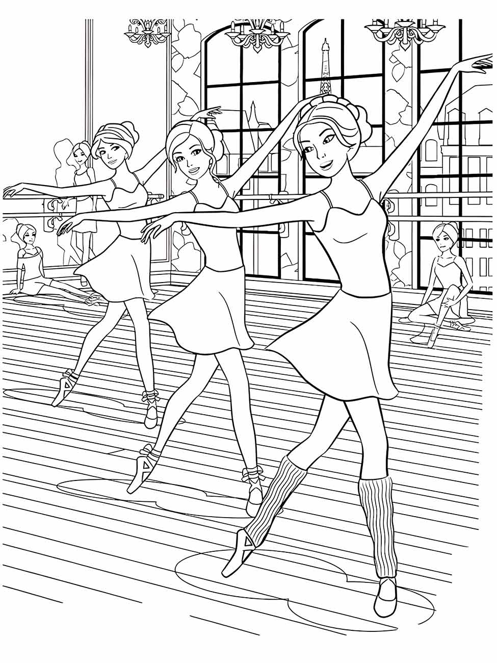 Desenho para colorir de bailarinas em uma sala de aula com janelas grandes.