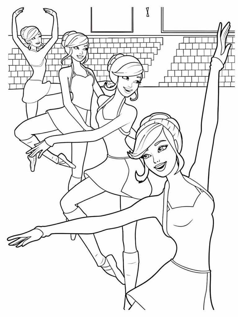 Grupo de bailarinas praticando com poses variadas em desenho para colorir.