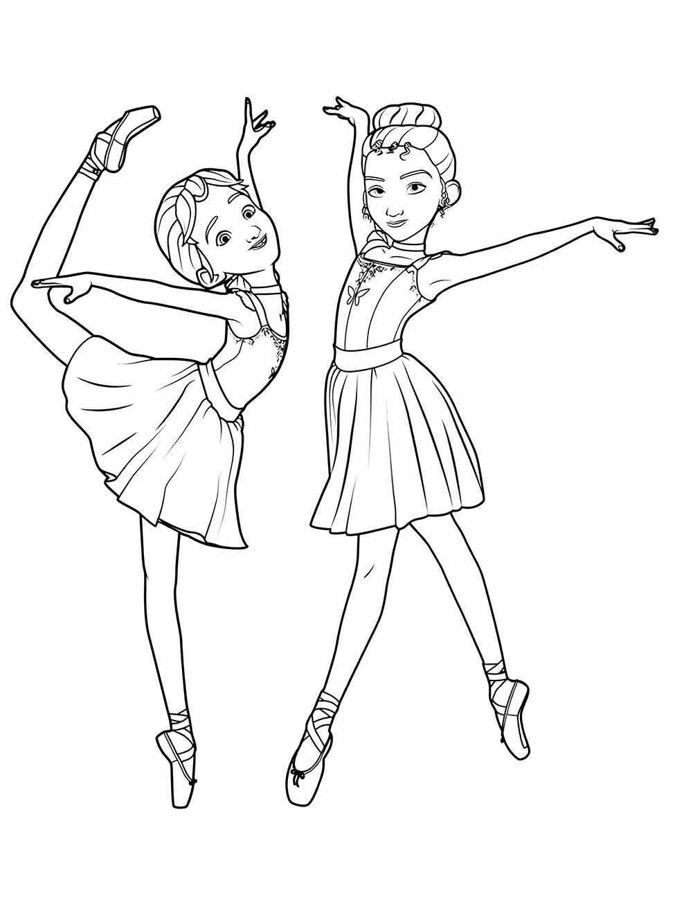 Desenho de duas bailarinas sorridentes em posição de dança para colorir.