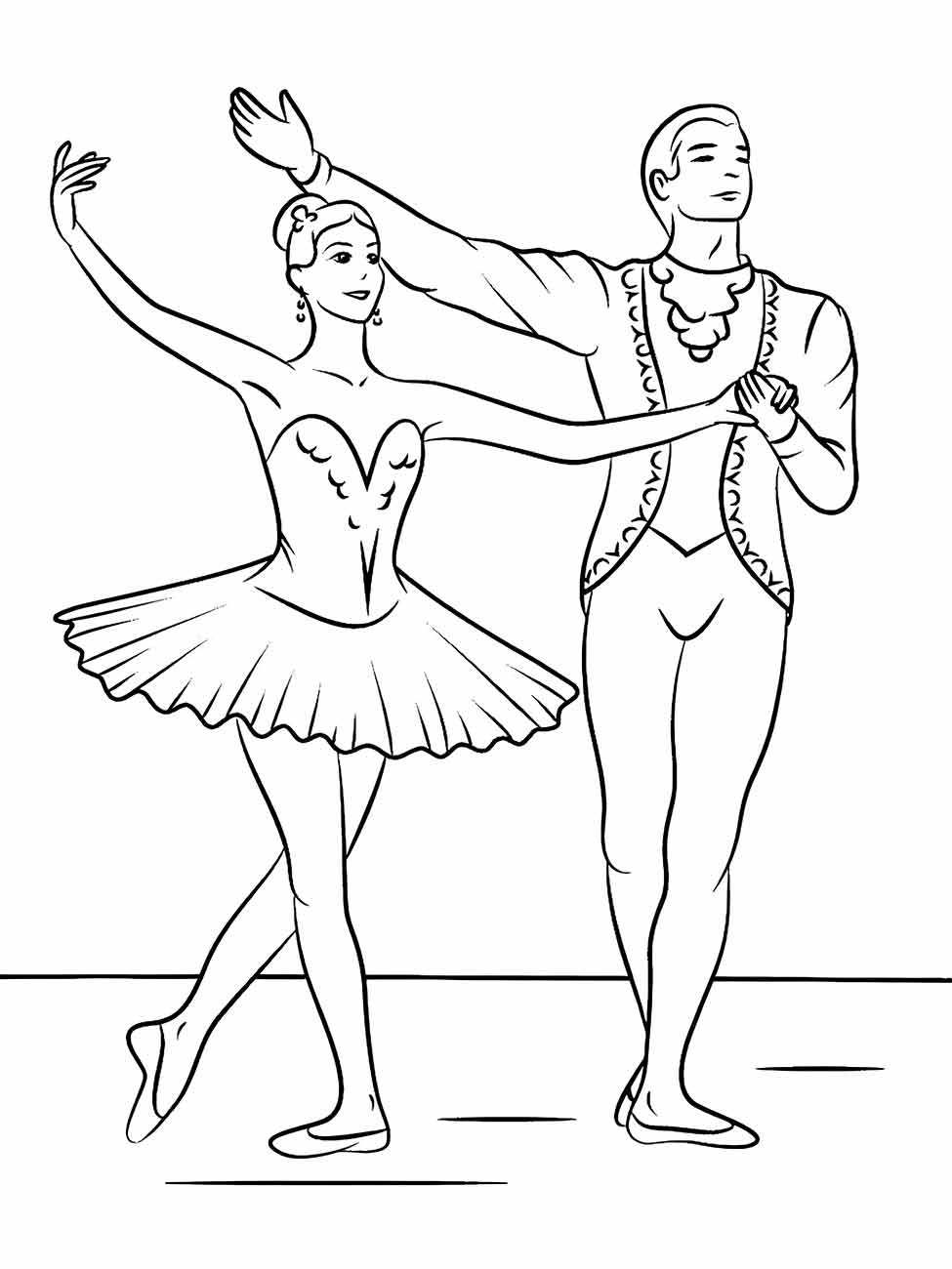 Par de bailarinos em desenho para colorir, com detalhes de traje clássico.