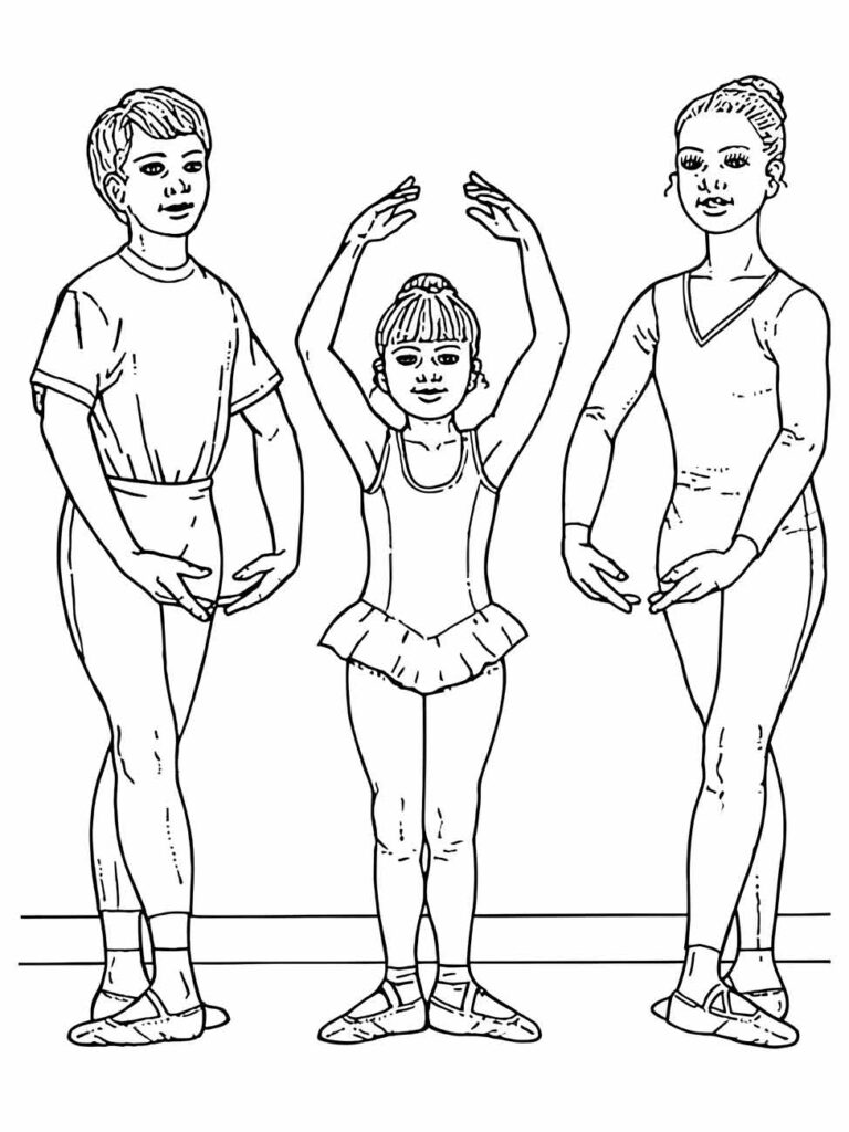 Desenho para colorir de grupo de bailarinos, incluindo criança e adultos.