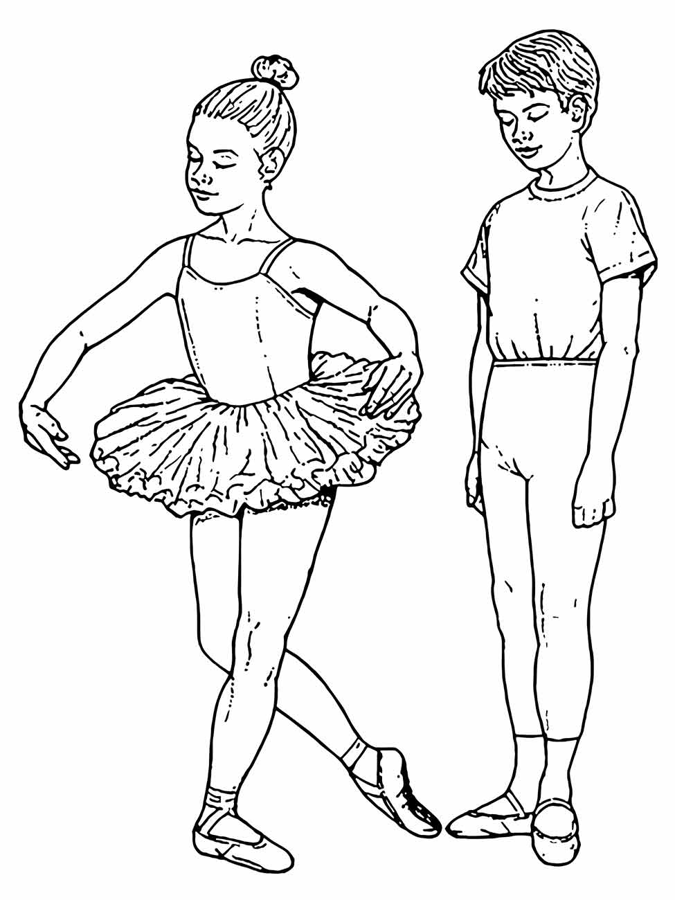 Desenho para colorir de uma bailarina em tutu ao lado de um menino em traje de treino, ambos em posição de dança.