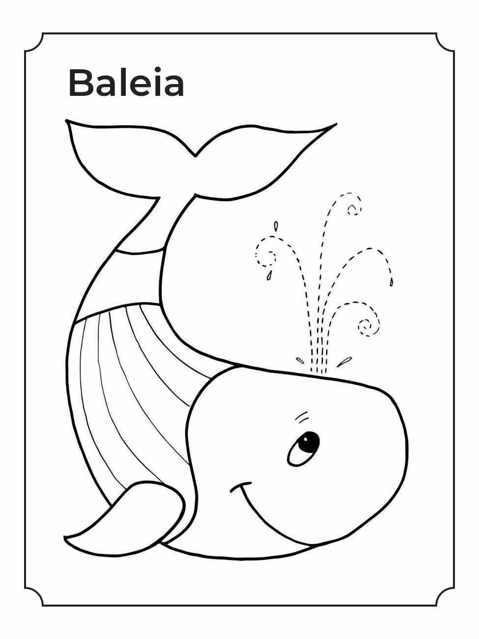 Desenho de baleia para colorir, com um esguicho de água acima da cabeça.