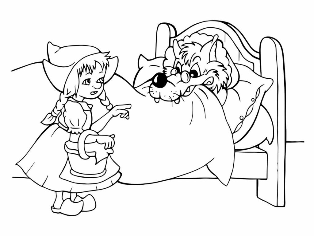 Desenho para colorir de Chapeuzinho Vermelho ao lado da cama, com o lobo disfarçado deitado nela.