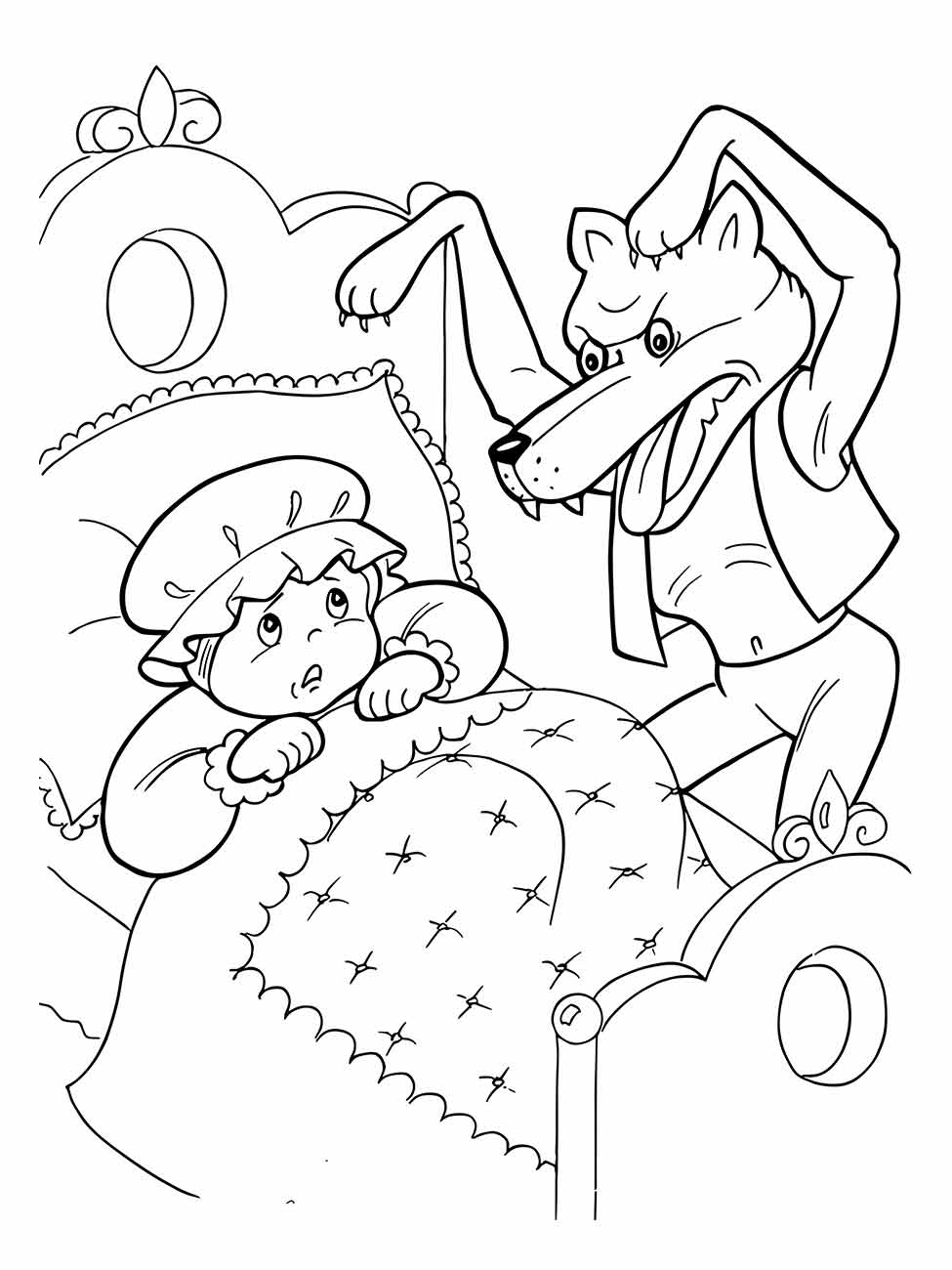 Imagem da Chapeuzinho Vermelho para colorir mostrando uma cena tensa com o lobo na cama.