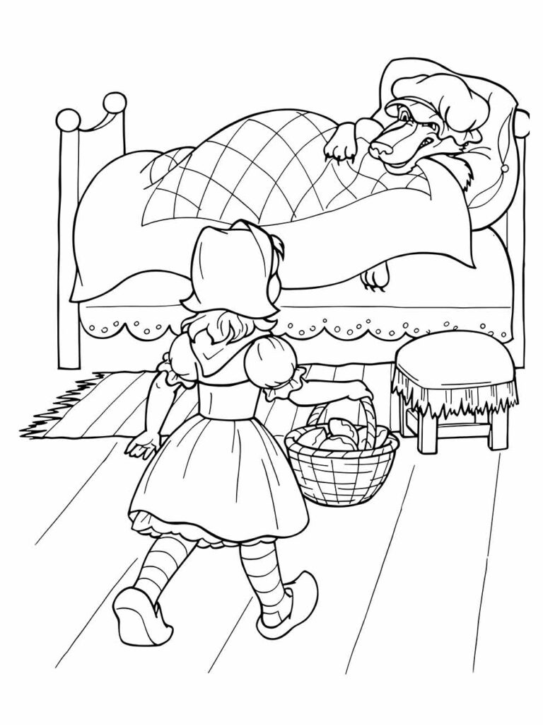 Imagem da Chapeuzinho Vermelho para colorir, com ela se aproximando da cama onde o lobo está deitado.