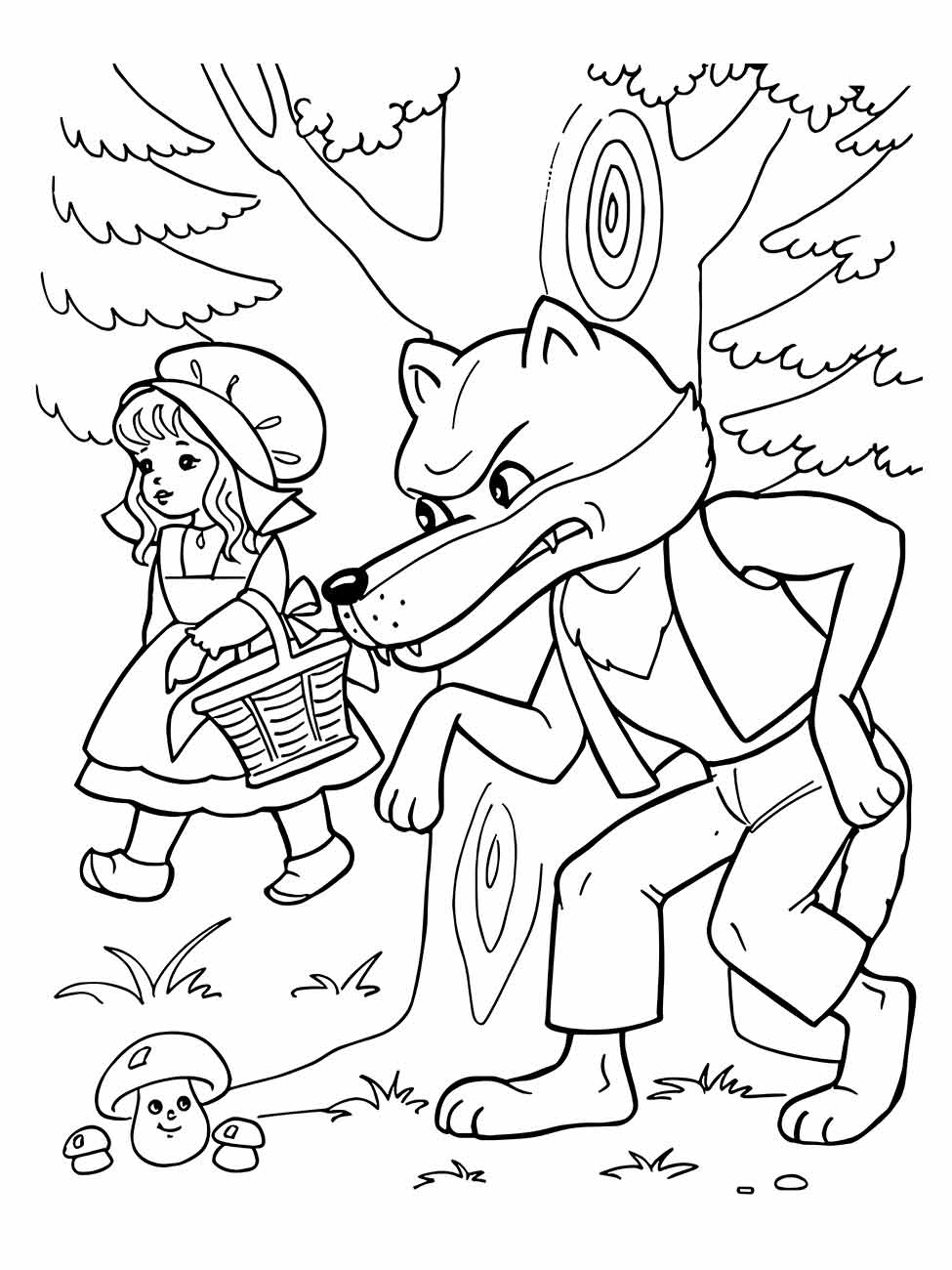 Desenho para colorir de Chapeuzinho Vermelho no bosque, com o lobo espreitando ao fundo.