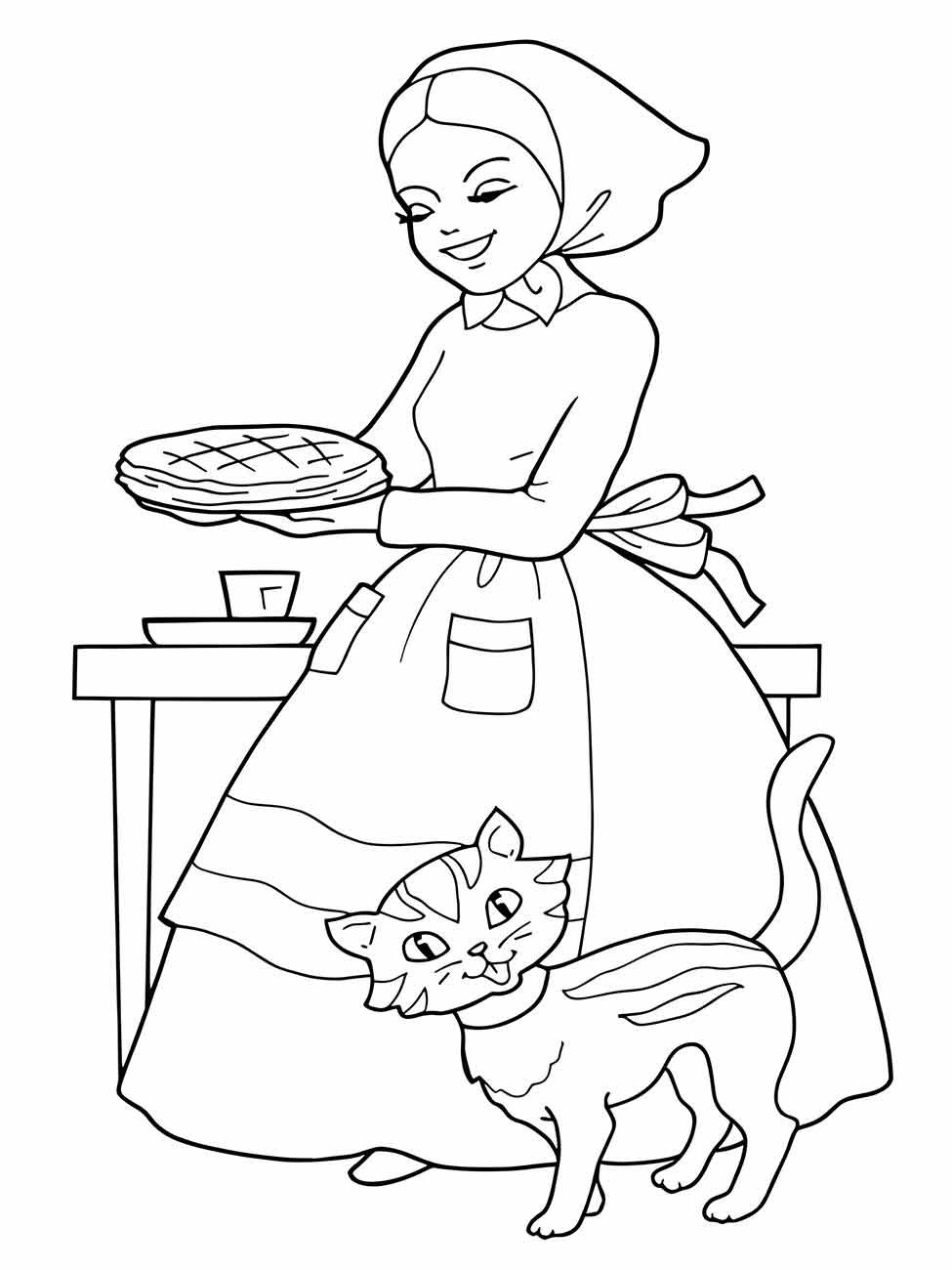 Desenho da Chapeuzinho Vermelho para colorir, mostrando a mãe servindo uma torta com um gato ao lado.