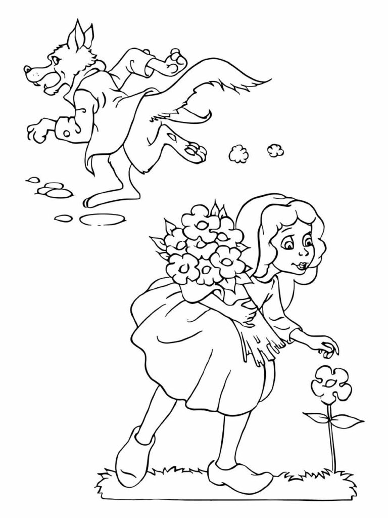 Desenho para colorir de Chapeuzinho Vermelho com flores, enquanto o lobo corre ao fundo.